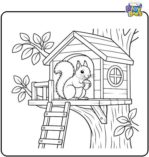 Squirrel in a Treehouse Coloring Page