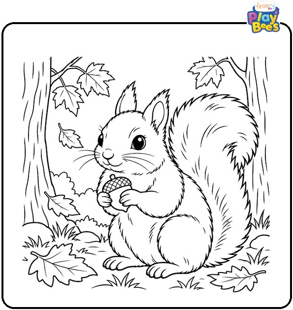 Squirrel in an Autumn Forest Coloring Page