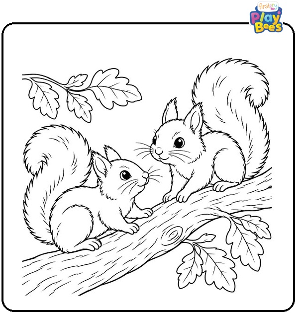 Squirrels Sitting on a Tree Branch Coloring Page