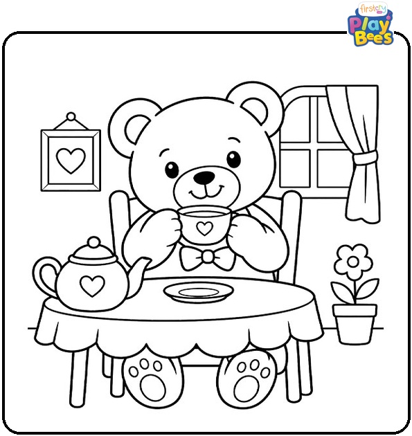 Teddy Bear Drinking Tea Coloring Page