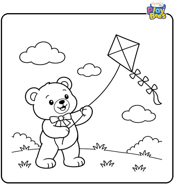 Teddy Bear Flying a Kite Coloring Page