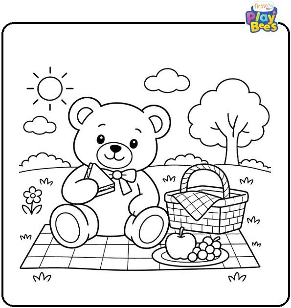 Teddy Bear Having a Picnic Coloring Page