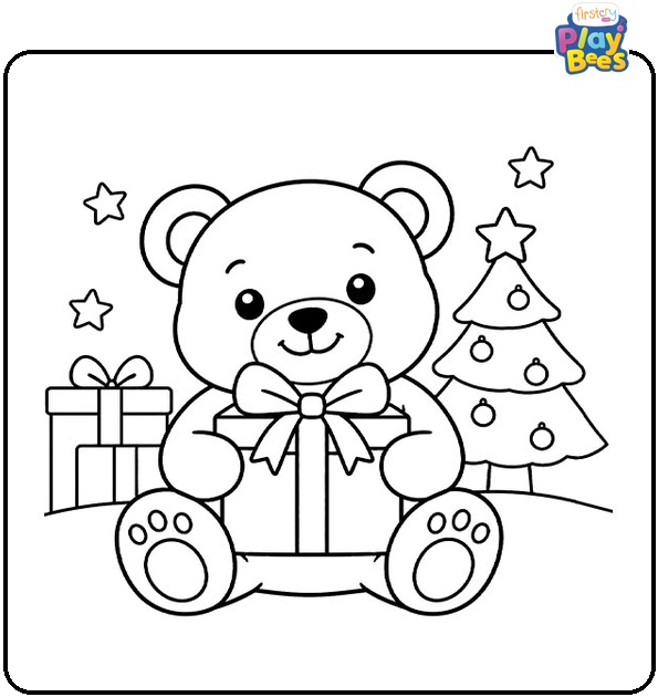 Teddy Bear Holding a Gift Coloring Page