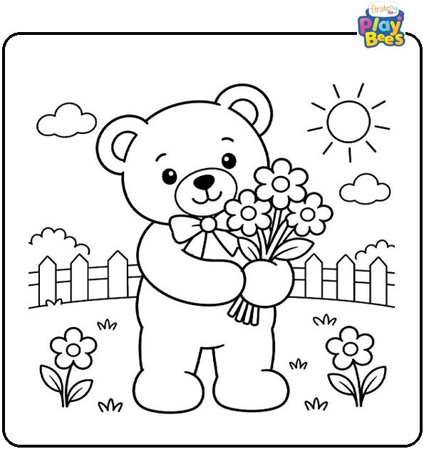 Teddy Bear With Flowers Coloring Page