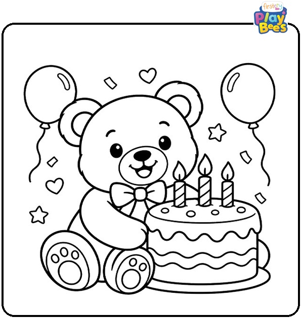 Teddy Bear With a Birthday Cake Coloring Page