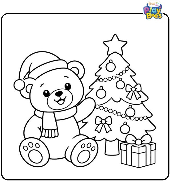 Teddy Bear With a Christmas Tree Coloring Page