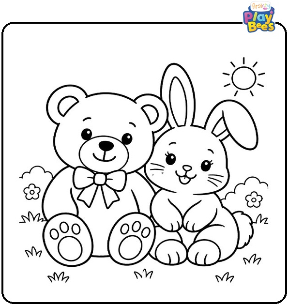 Teddy Bear and Bunny Coloring Page
