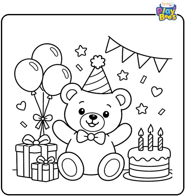 Teddy Bear at a Birthday Party Coloring Page