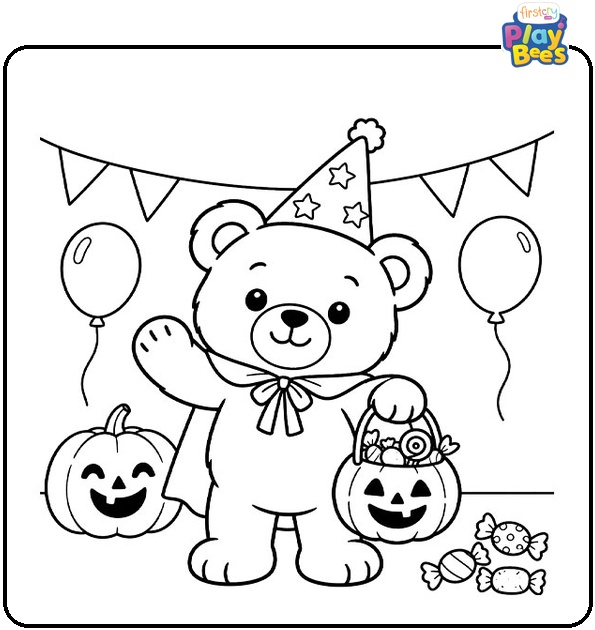 Teddy Bear at a Halloween Party Coloring Page
