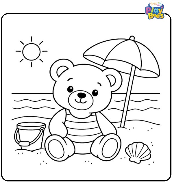 Teddy Bear at the Beach Coloring Page