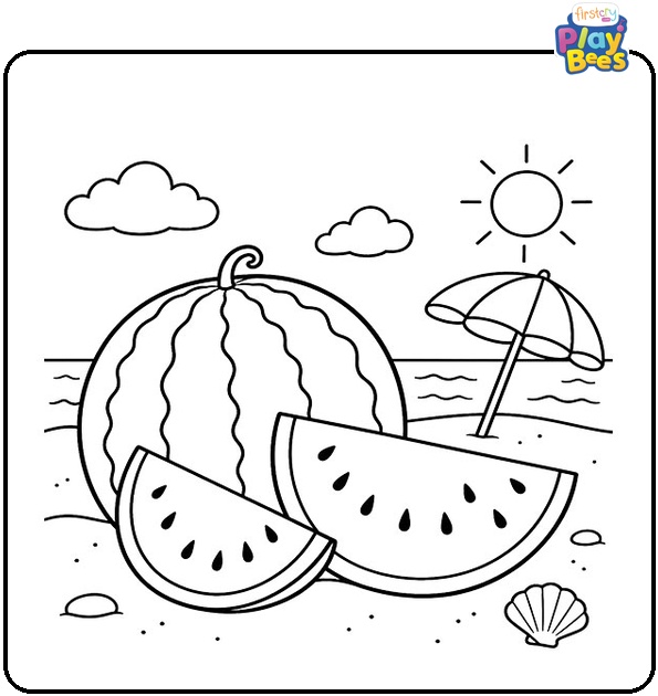 Watermelon at the Beach Coloring Page