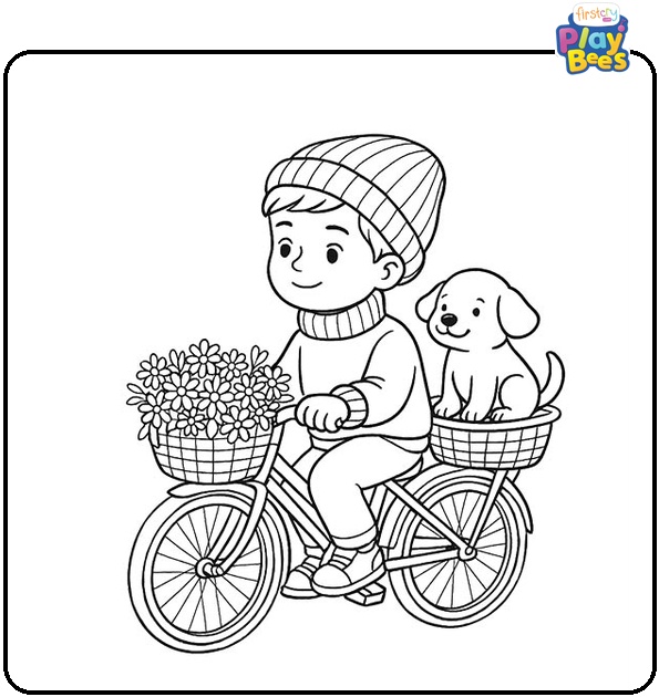 Autumn Ride with Dog Colouring Page Autumn Ride with Dog Colouring Page