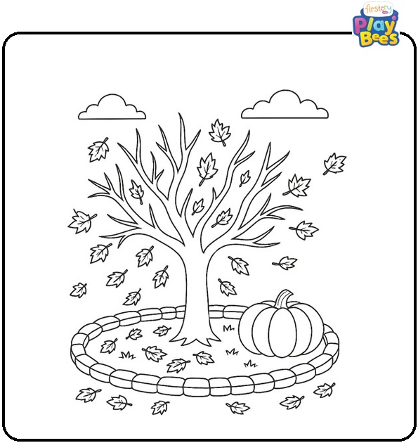 Autumn Tree with Falling Leaves Coloring Page Autumn Tree with Falling Leaves Coloring Page
