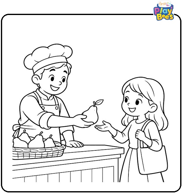 Baker Handing a Pear to a Customer Coloring Page Baker Handing a Pear to a Customer Coloring Page