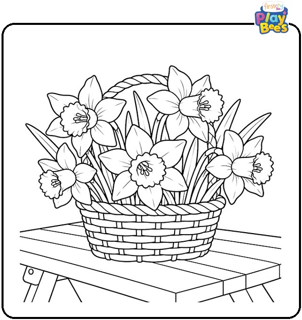 Basket of Daffodils on a Picnic Table Coloring Page Basket of Daffodils on a Picnic Table Coloring Page
