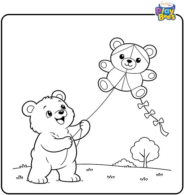 Bear Flying a Bear Shaped Kite in the Park Coloring Page