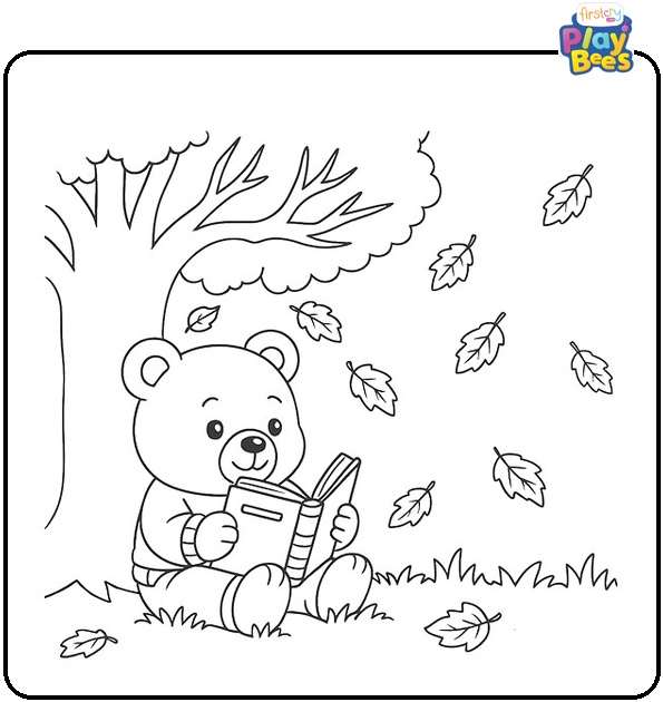 Bear Reading Under a Tree in Fall Coloring Page Bear Reading Under a Tree in Fall Coloring Page