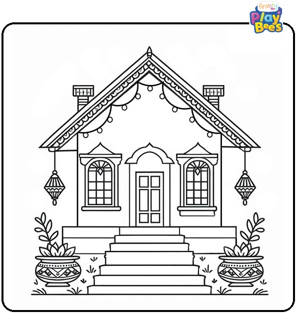 Beautifully Decorated House Diwali Coloring Page