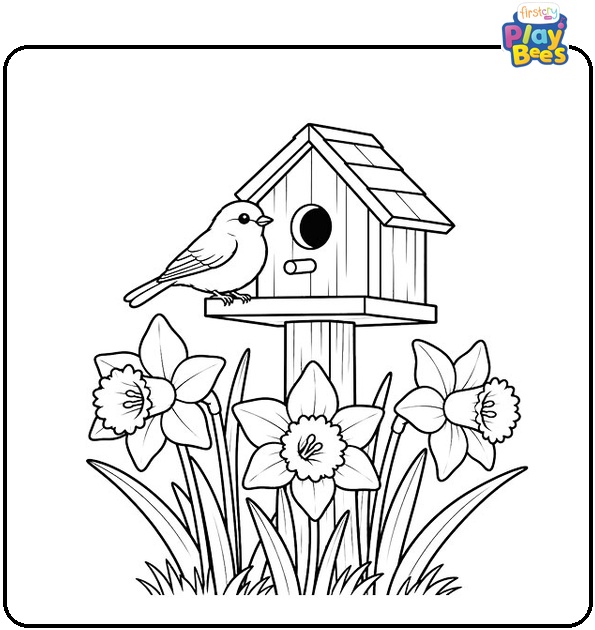 Birdhouse With a Bird and Daffodils Coloring Page Birdhouse With a Bird and Daffodils Coloring Page