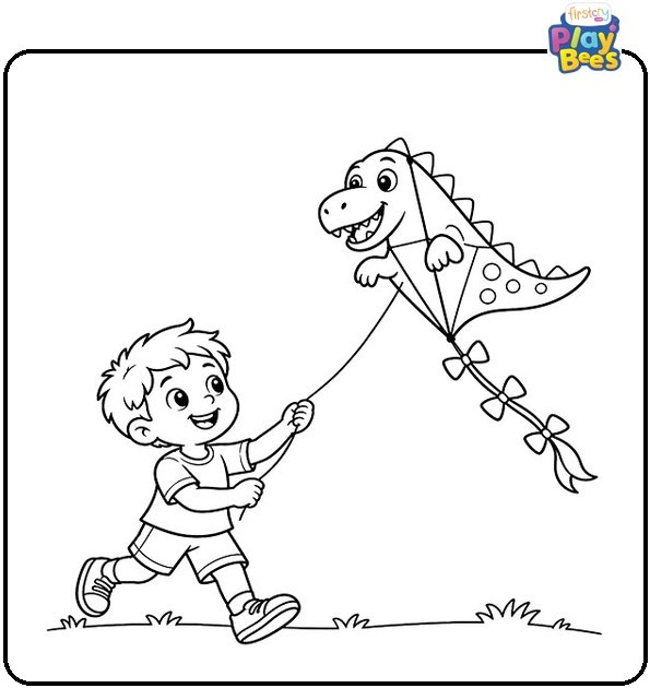 Boy Flying a Dinosaur Kite Coloring Page