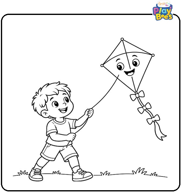 Boy Holding a Kite String Coloring Page