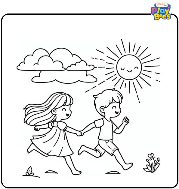 Boy-and-Girl-Chasing-Each-Other-With-Sun-and-Clouds-Coloring-Page Boy-and-Girl-Chasing-Each-Other-With-Sun-and-Clouds-Coloring-Page