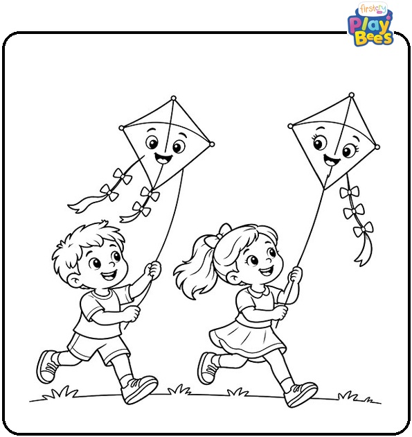 Boy and Girl Running With Kites Coloring Page