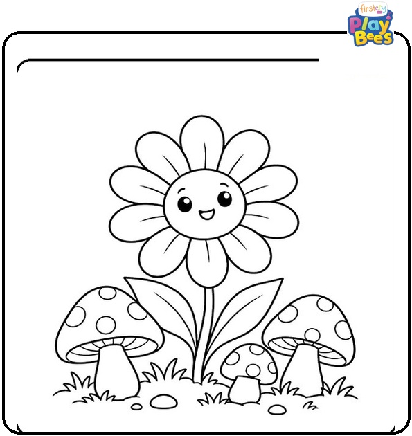 Cartoon-Daisy-Growing-Among-Mushrooms-Coloring-Page Cartoon-Daisy-Growing-Among-Mushrooms-Coloring-Page