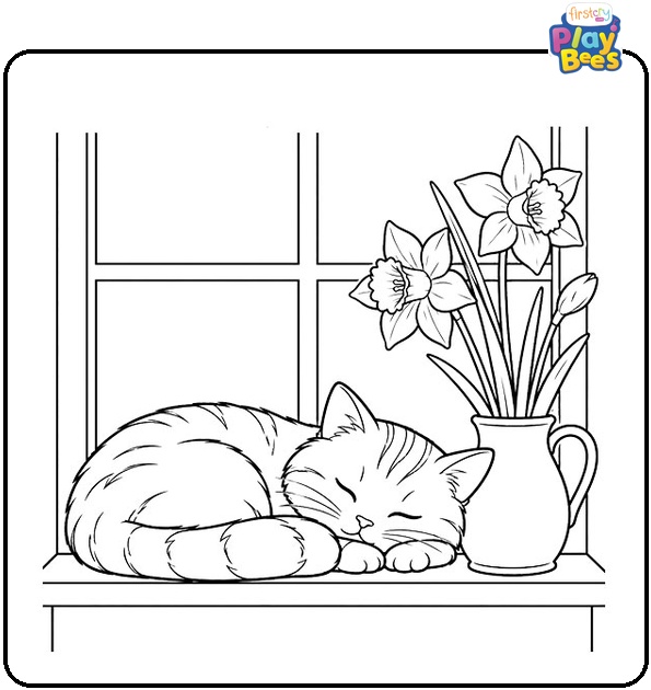 Cat Sleeping on a Window Sill With a Daffodil Coloring Page Cat Sleeping on a Window Sill With a Daffodil Coloring Page