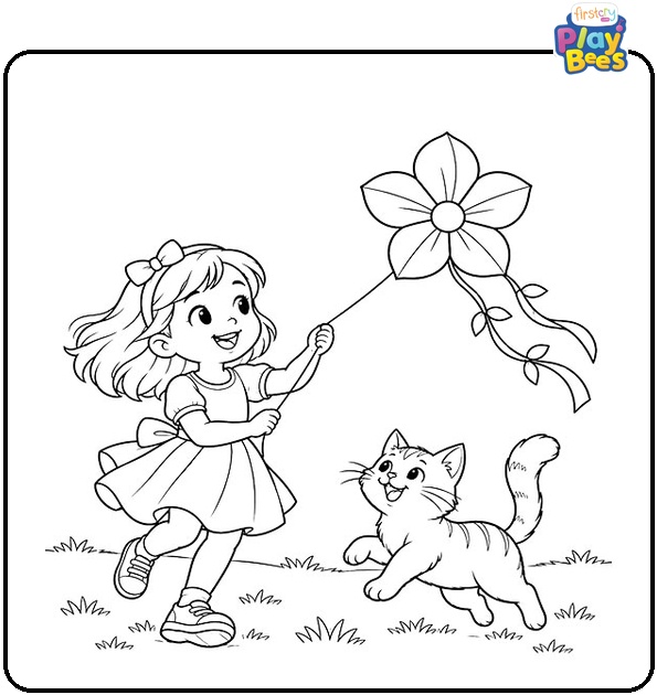 Cat and Girl Flying a Flower Shaped Kite Coloring Page