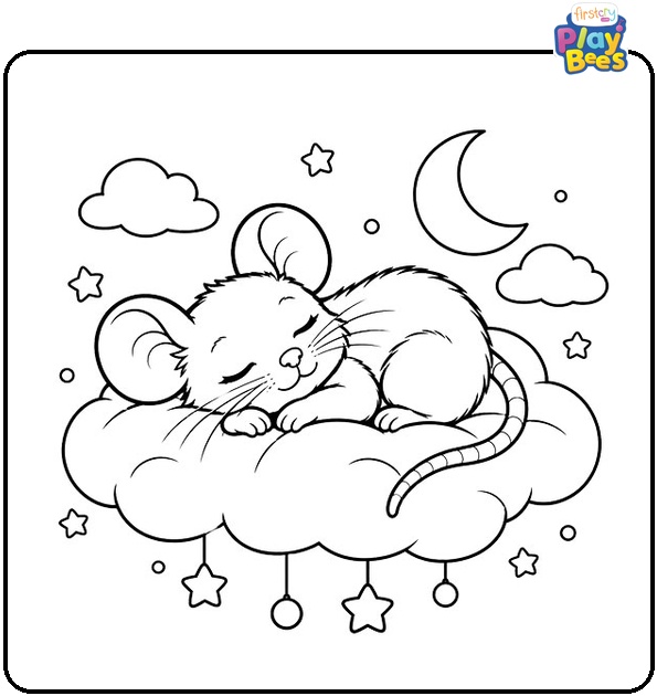 Chibi Rat Sleeping on a Cloud Coloring Page