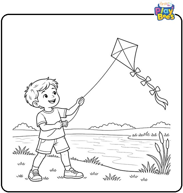 Child Flying a Kite Near a River Coloring Page