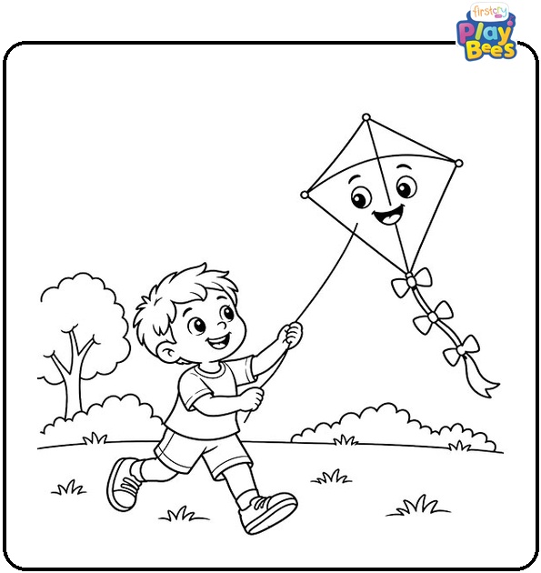 Child Flying a Kite in the Park Coloring Page