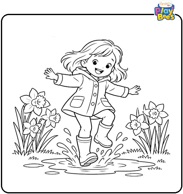 Child Jumping in a Puddle With Daffodils Coloring Page Child Jumping in a Puddle With Daffodils Coloring Page