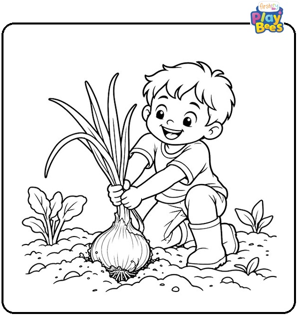 Child Pulling an Onion from the Soil Coloring Page Child Pulling an Onion from the Soil Coloring Page