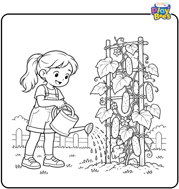 Child-Watering-a-Tall-Cucumber-Trellis-Coloring-Page Child-Watering-a-Tall-Cucumber-Trellis-Coloring-Page