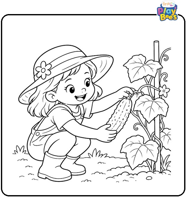 Child-in-a-Sun-Hat-Pulling-a-Cucumber-from-the-Plant-Coloring-Page Child-in-a-Sun-Hat-Pulling-a-Cucumber-from-the-Plant-Coloring-Page