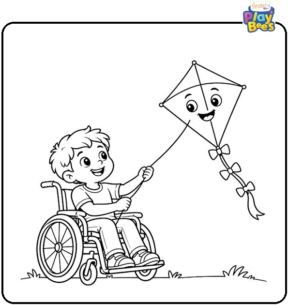 Child in a Wheelchair Flying a Kite Coloring Page