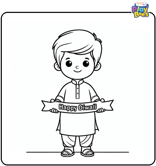 Child with Happy Diwali Banner Coloring Page