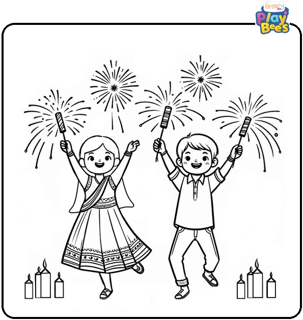 Children Bursting Firecrackers Diwali Coloring Page