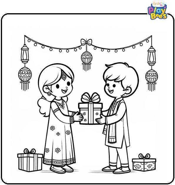 Children Exchanging Gifts Diwali Coloring Page