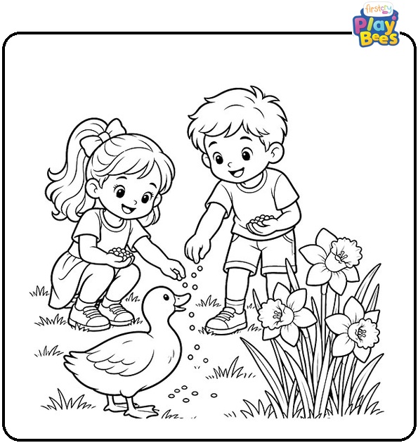 Children Feeding a Duck Near Daffodils Coloring Page Children Feeding a Duck Near Daffodils Coloring Page