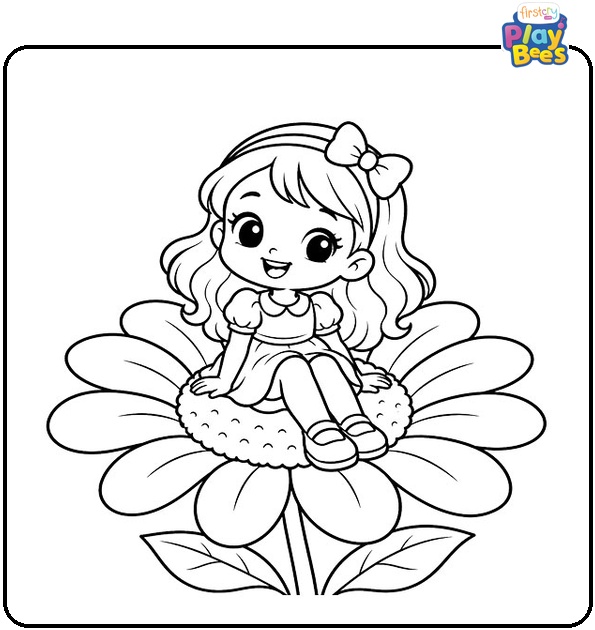 Cute-Girl-Sitting-on-a-Daisy-Coloring-Page Cute-Girl-Sitting-on-a-Daisy-Coloring-Page