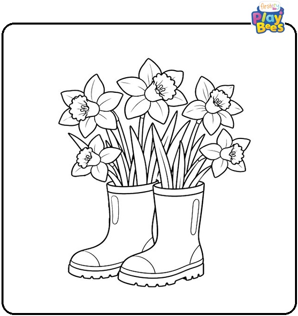 Daffodils Growing in Rain Boots Coloring Page Daffodils Growing in Rain Boots Coloring Page