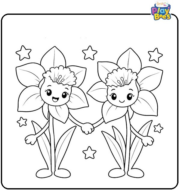 Daffodils Holding Hands With Stars Coloring Page Daffodils Holding Hands With Stars Coloring Page