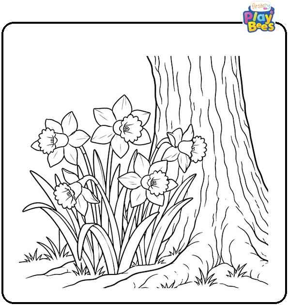 Daffodils Near a Large Tree Coloring Page Daffodils Near a Large Tree Coloring Page