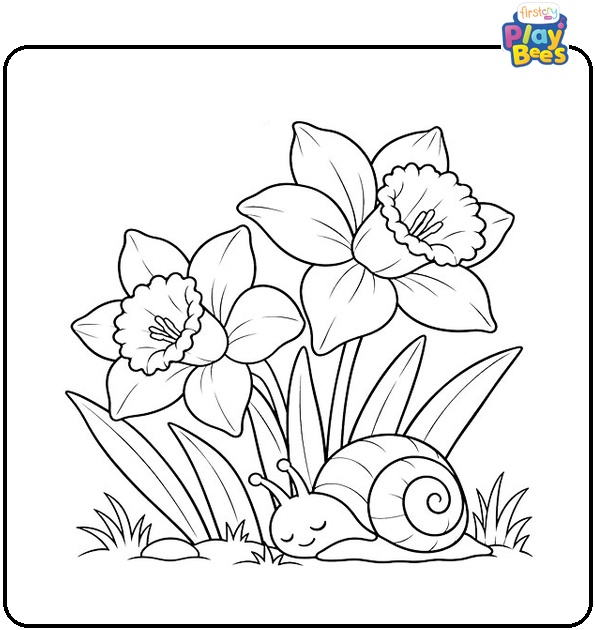 Daffodils With a Sleeping Snail Coloring Page Daffodils With a Sleeping Snail Coloring Page