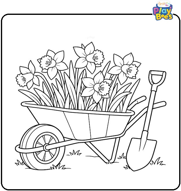 Daffodils in a Wheelbarrow With a Shovel Coloring Page Daffodils in a Wheelbarrow With a Shovel Coloring Page