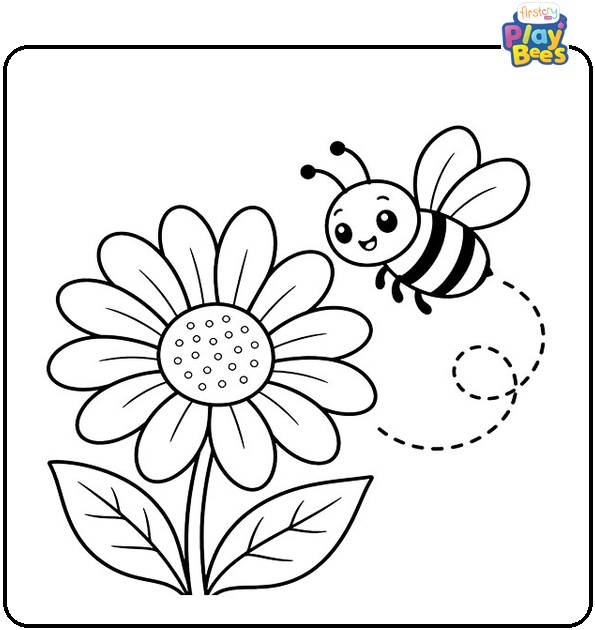 Daisy-Flower-with-a-Busy-Bee-Coloring-Page Daisy-Flower-with-a-Busy-Bee-Coloring-Page