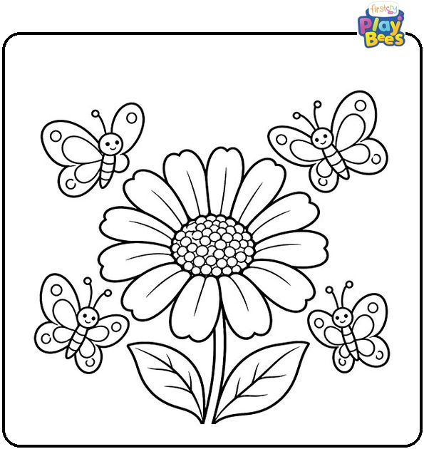 Daisy-Surrounded-by-Butterflies-Coloring-Page Daisy-Surrounded-by-Butterflies-Coloring-Page